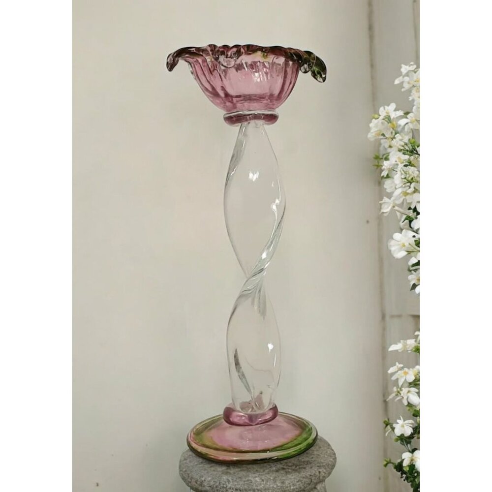 Hand-Blown Twisted Glass With Pink & Green Tulip Flower Design Candle Holder